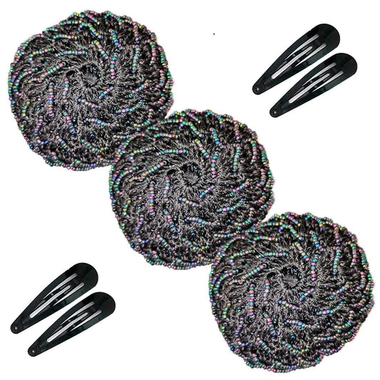 SENECIO Multicolor Black Beaded Woven Juda Bun Net Cover With Tic Tac Hair Pins - HalfPe