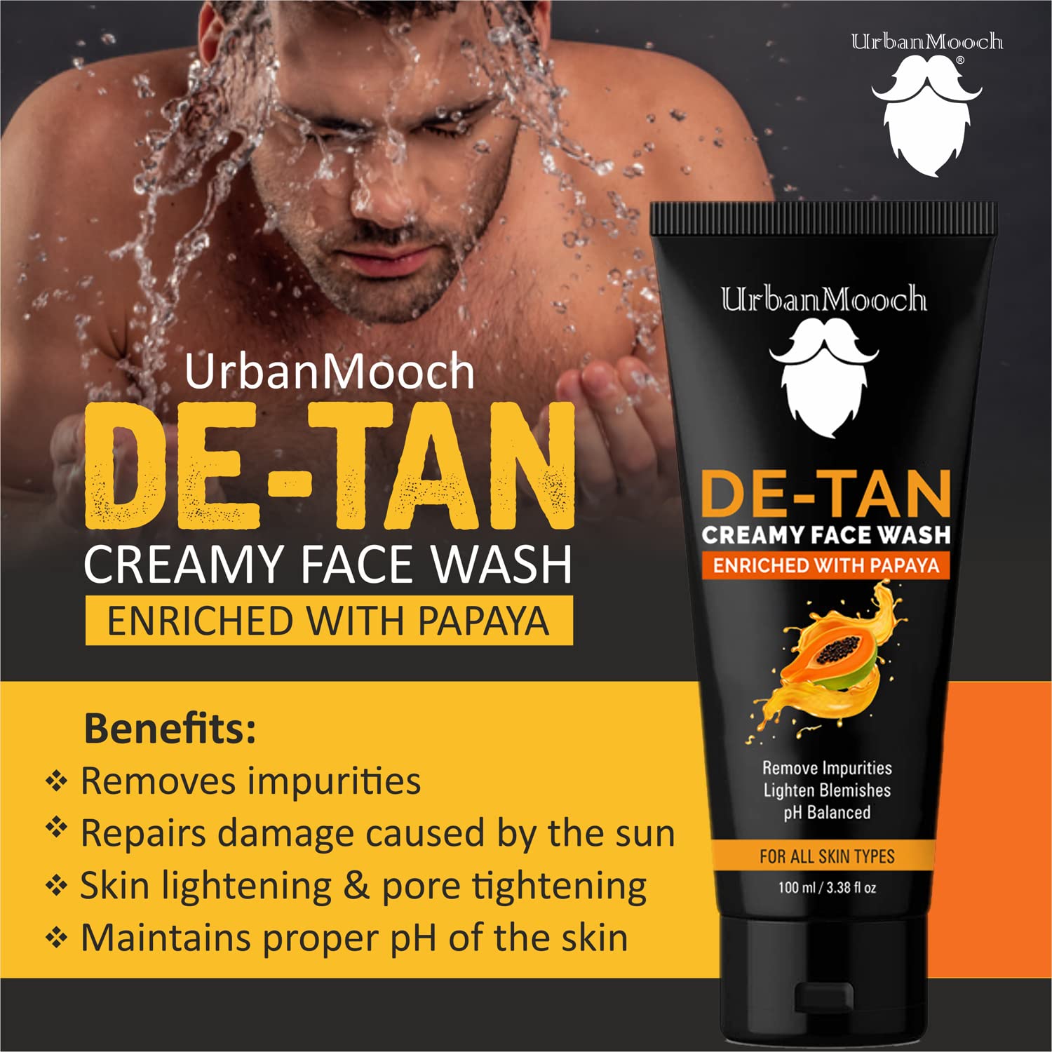UrbanMooch 4 in 1 Grooming Kit for Men | Skin Brightening & Lightening Detan Facial Kit | Detan Facewash, Scrub, Face Pack, Wooden Face Cleansing Brush Lohiya Retails