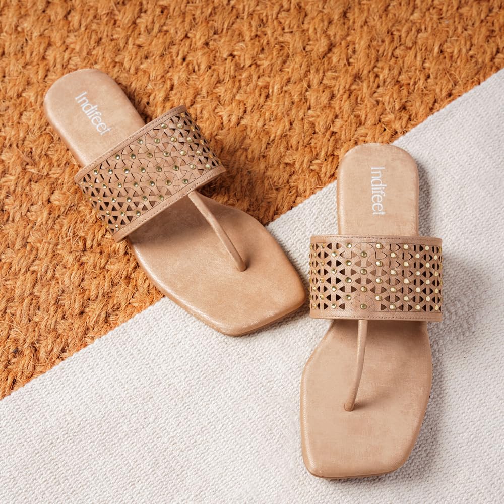 Indifeet Stylish T-Shaped Chappals for Women - Cream - View 2