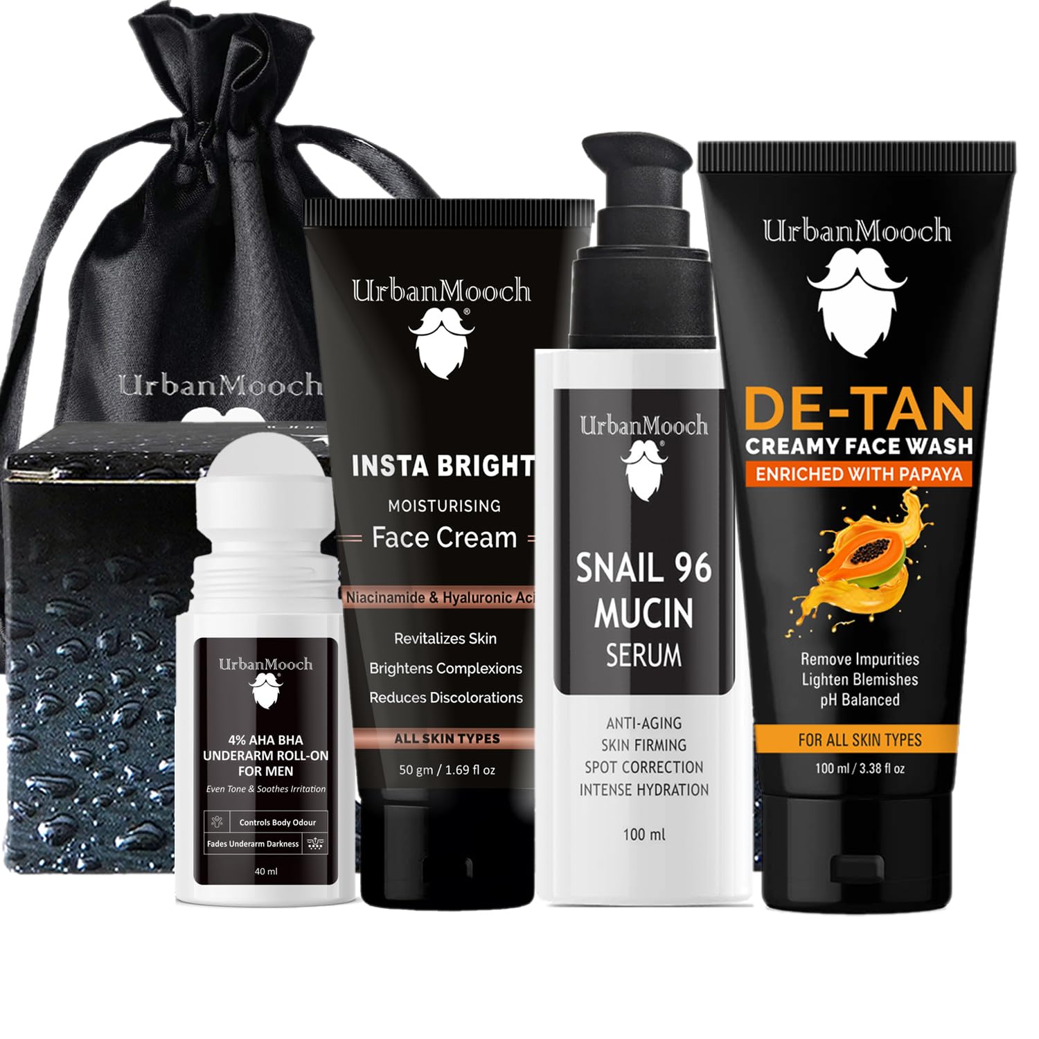 UrbanMooch Everyday Essentials 4 Pieces Men's Skin Care Kit with Face Brightening Cream | Snail Mucin Serum | De-Tan Face Wash | Brightening Underarm Roll-On | Rakhi Gift for Brothers Lohiya Retails