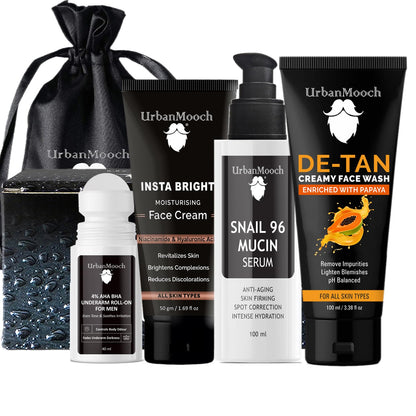 UrbanMooch Everyday Essentials 4 Pieces Men's Skin Care Kit with Face Brightening Cream | Snail Mucin Serum | De-Tan Face Wash | Brightening Underarm Roll-On | Rakhi Gift for Brothers Lohiya Retails