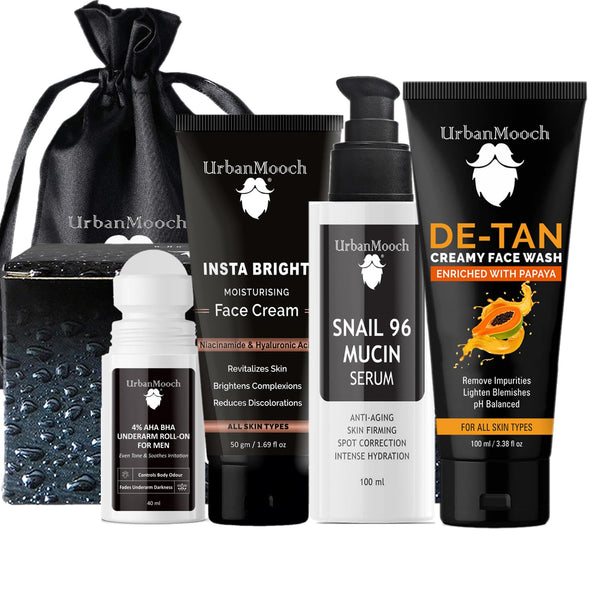 UrbanMooch Everyday Essentials 4 Pieces Men's Skin Care Kit with Face Brightening Cream | Snail Mucin Serum | De-Tan Face Wash | Brightening Underarm Roll-On | Rakhi Gift for Brothers Lohiya Retails