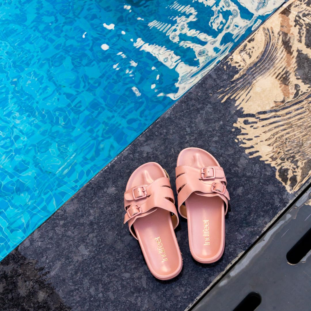 Indifeet Stylish Double Strap Buckle Sliders for Women - Peach - View 5