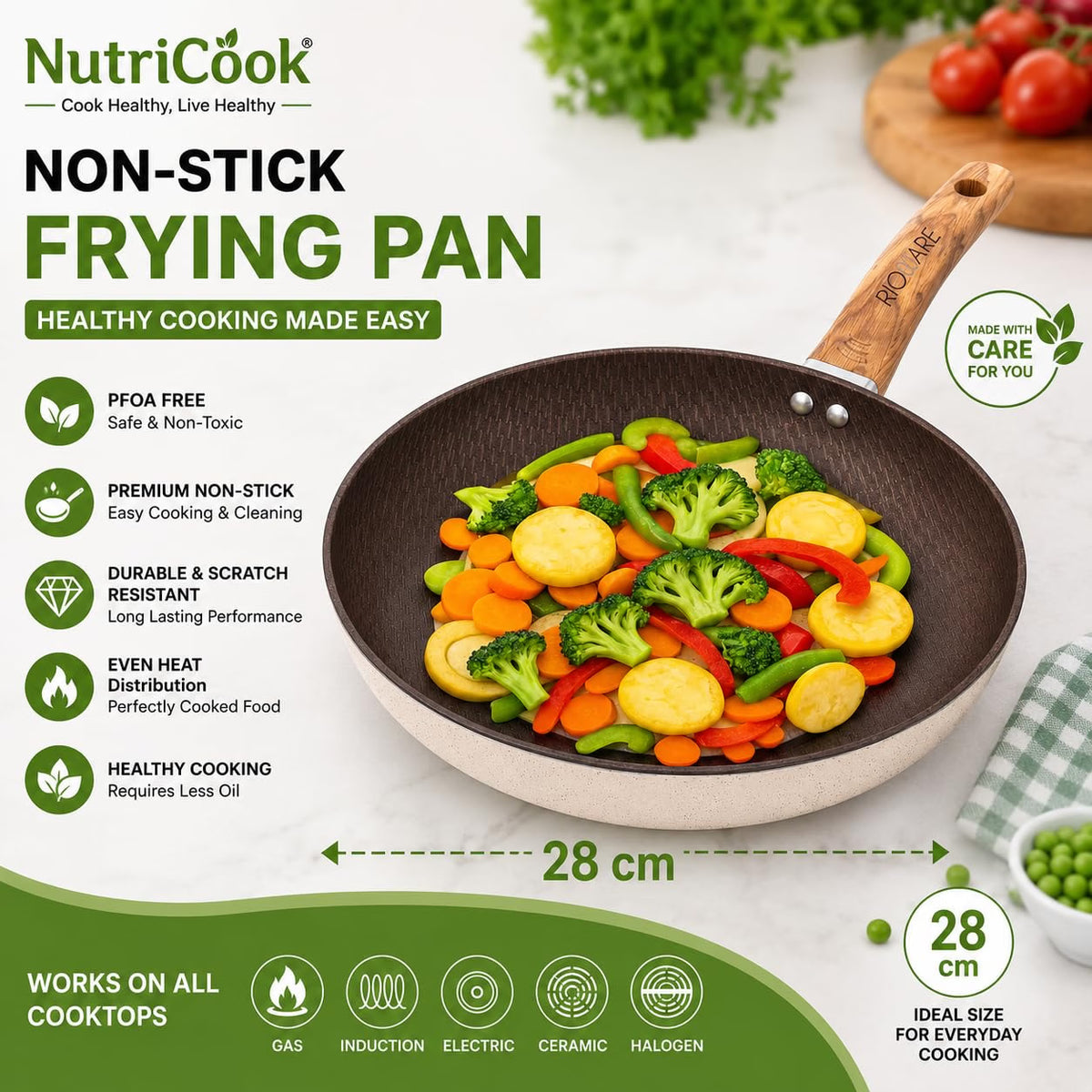 Rioware Non-Stick Maifan Frying Pan (3L) | 5-Layer Non-Stick Coating | Induction, Ceramic, Electric & Gas Compatible | Dishwasher Safe |Multipurpose Pan for Eggs, Stir-Fry (28CM, Maifan Frypan Black)