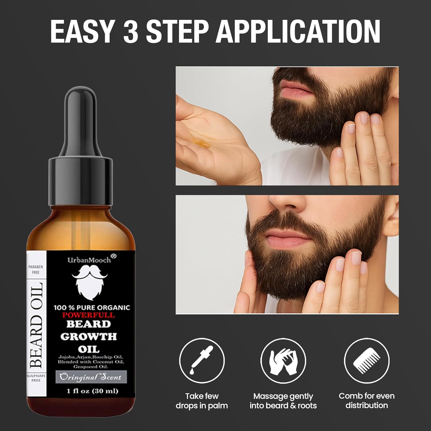 Urban Mooch Beard Growth Oil 30 ml for Faster Beard Growth & Thicker Looking Beard | Natural Actives Only | No Harmful Chemicals Lohiya Retails
