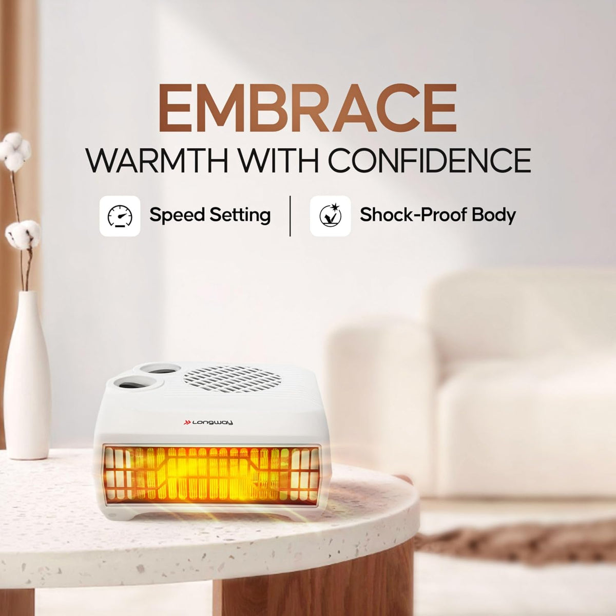 Longway Magma Fan Room Heater 2 Heat Modes (1000W/2000W)  ISI Approved  Advanced Overheat Protection  PTC Ceramic Element 1-Year Replacement Warranty | White