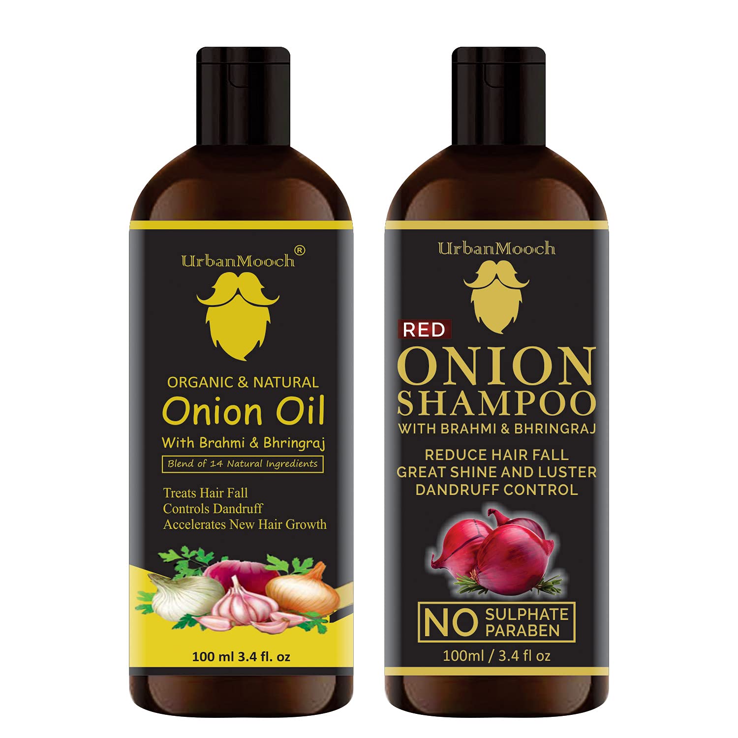 UrbanMooch Premium Onion Hair Oil & Shampoo Combo Pack | 2 Items with 100 ml Each | Nourishes & Promotes Hair Growth | Perfect for Men & Women | Featuring Onion Shampoo Benefits Lohiya Retails