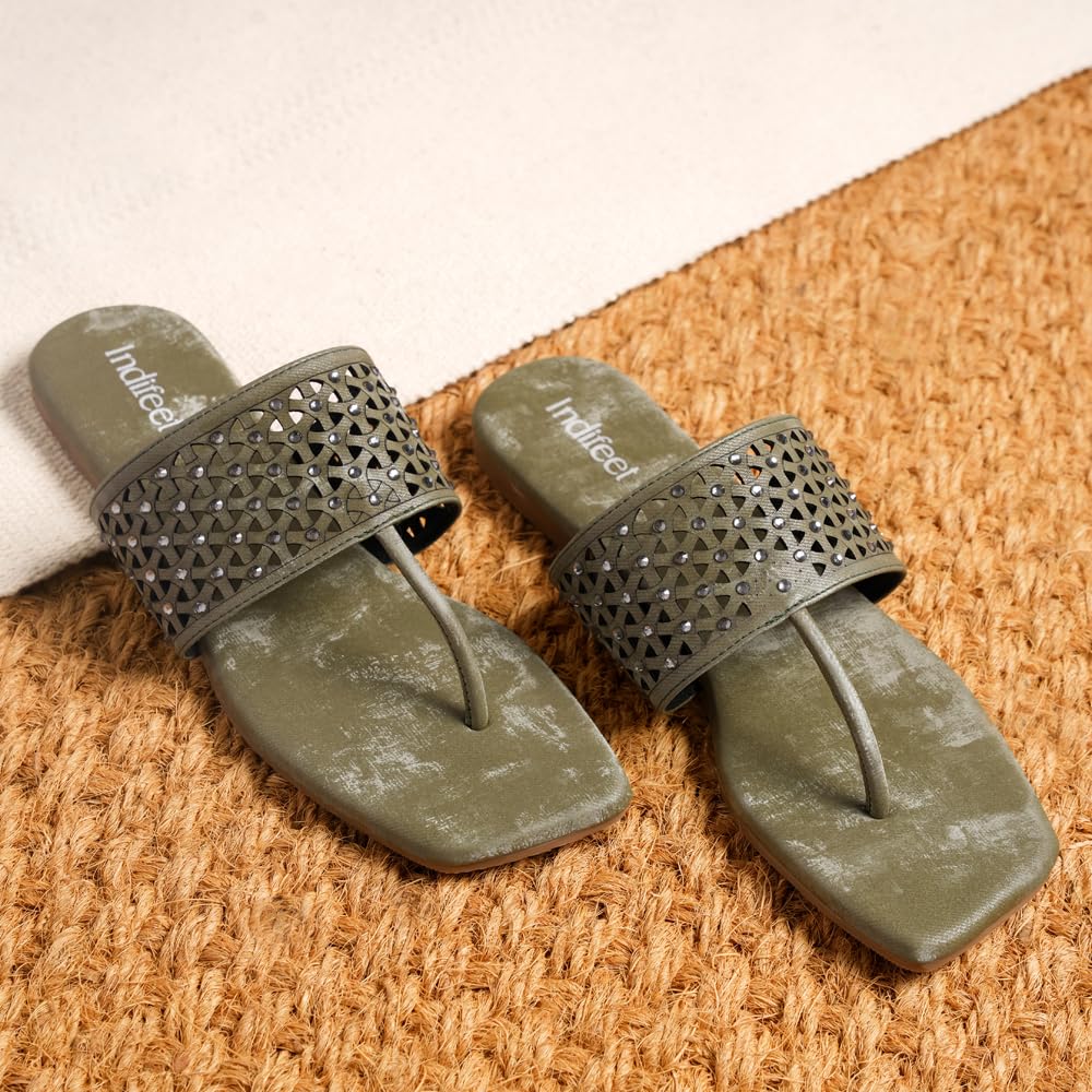 Indifeet Stylish T-Shaped Chappals for Women - Green - View 3