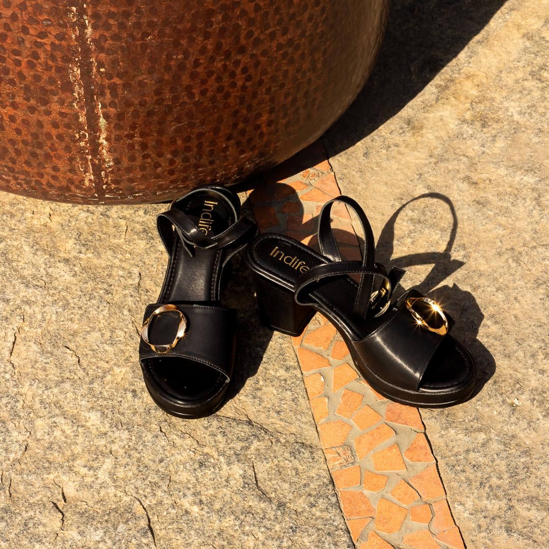 Indifeet Women’s Black Block Heel Sandals with Velcro Flap & Gold Buckle - Black - View 4