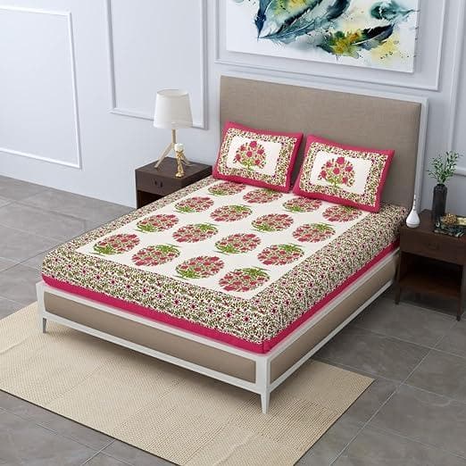 Jaipur Rajasthani Hand Printed Double Bedsheet with 2 Pillow Cover (Pink) - HalfPe