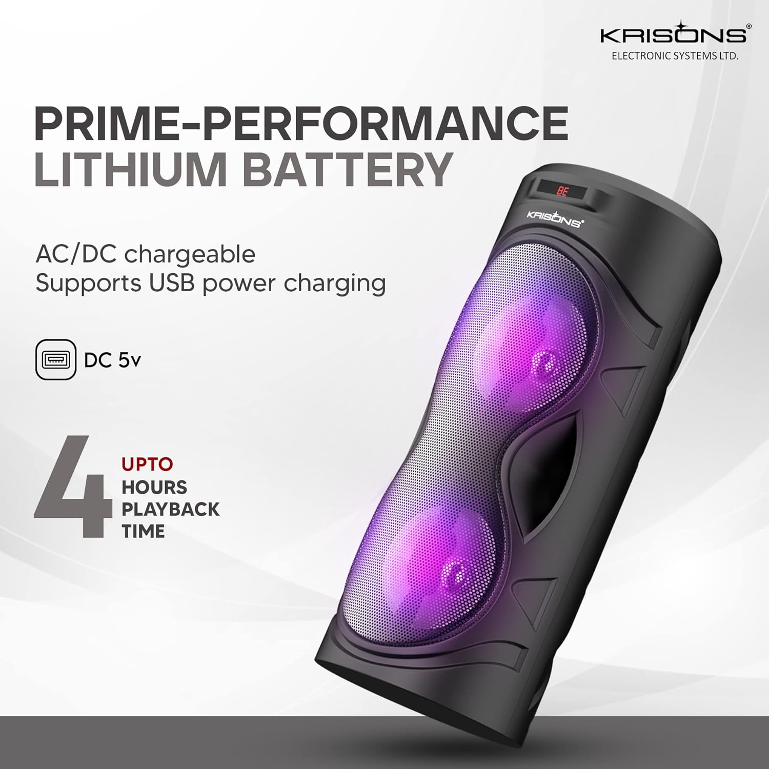 Krisons Cylinder 30W Double Woofer Multimedia Bluetooth Party Tower Speaker with Wired Mic, RGB Lights, USB, SD Card & FM Radio – Black
