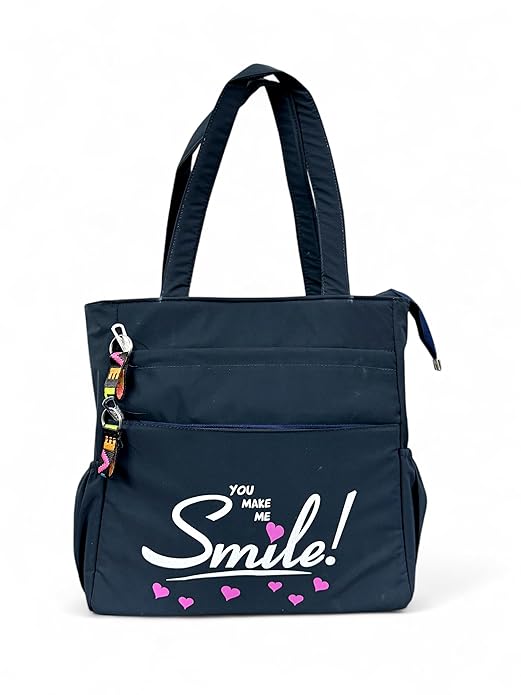 Buddy Cares Smile Shoulder Bag for Women – Tote Bag with "You Make Me Smile" Print – Navy Blue