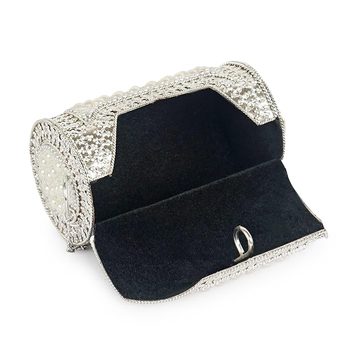 Buddy Cares Metal Bag for Women, Silver Pearl Embellished Clutch Purse with Chain Strap – Cylindrical – view 2 – Buddy Cares