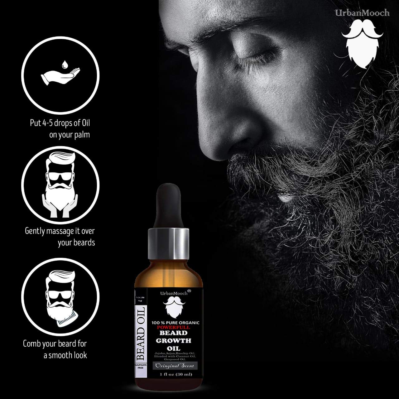 Urban Mooch Beard Growth Oil 30 ml for Faster Beard Growth & Thicker Looking Beard | Natural Actives Only | No Harmful Chemicals Lohiya Retails