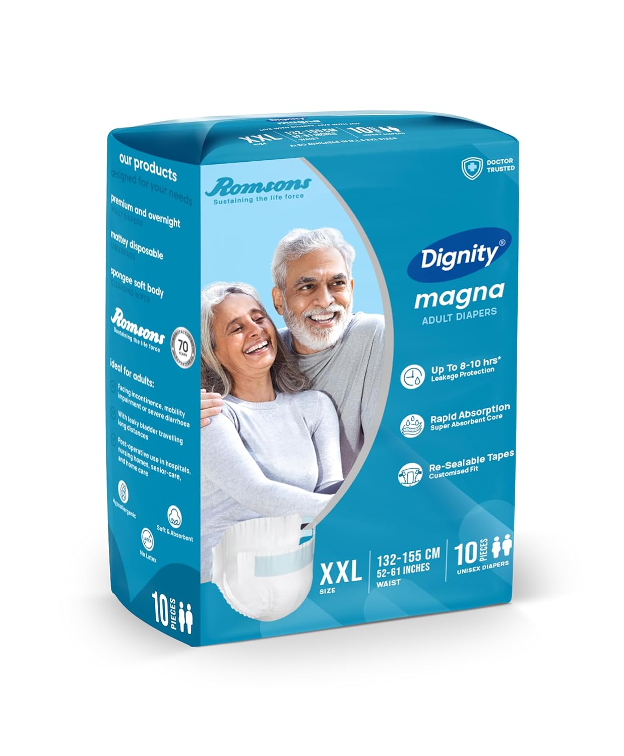 DIGNITY Magna Tape Style Adult Diapers - XXL (10 Pieces) With Wetness Indicator and Leakage Protection Upto 8-10 Hrs.