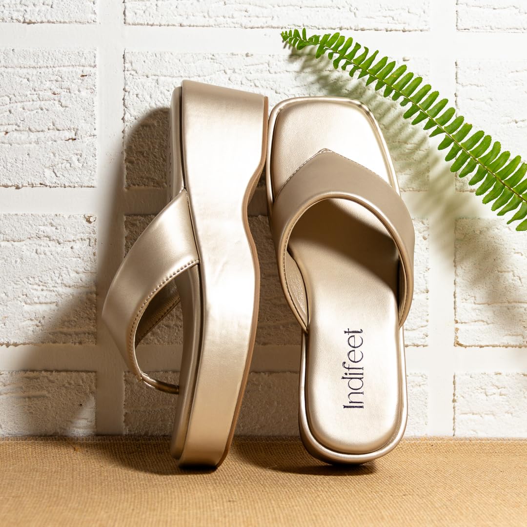 Indifeet Stylish Thong Wedge Sandals for Women - Metallic - View 5