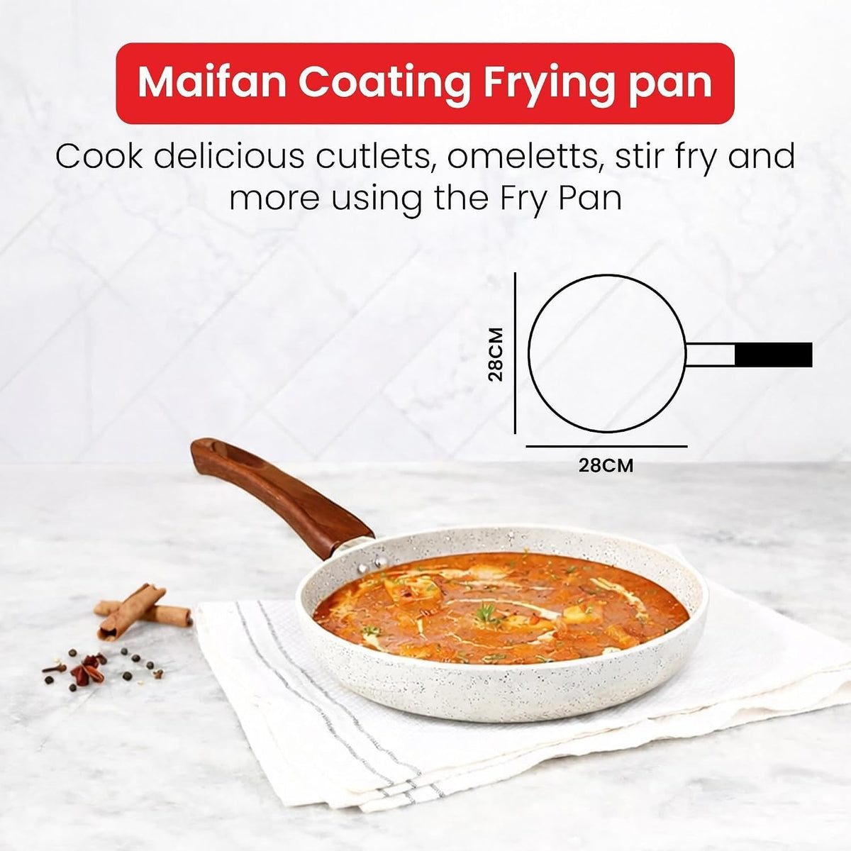 Rioware Non-Stick Maifan Frying Pan (3L) | 5-Layer Non-Stick Coating | Induction, Ceramic, Electric & Gas Compatible | Dishwasher Safe |Multipurpose Pan for Eggs, Stir-Fry (24CM, Maifan Frypan White)