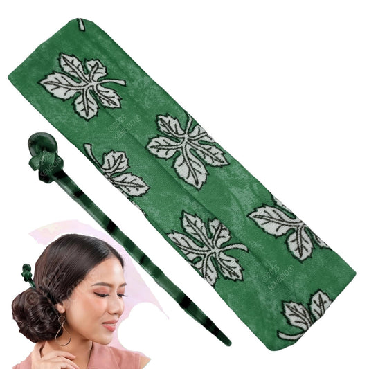 SENECIO 2Pc Crystal Knotted Hair Stick With Floral Printed Fabric Headband For Gym Parlour Fancy Red Shades Combo Set For Girls & Women (Pattern May Vary) (GREEN) - HalfPe