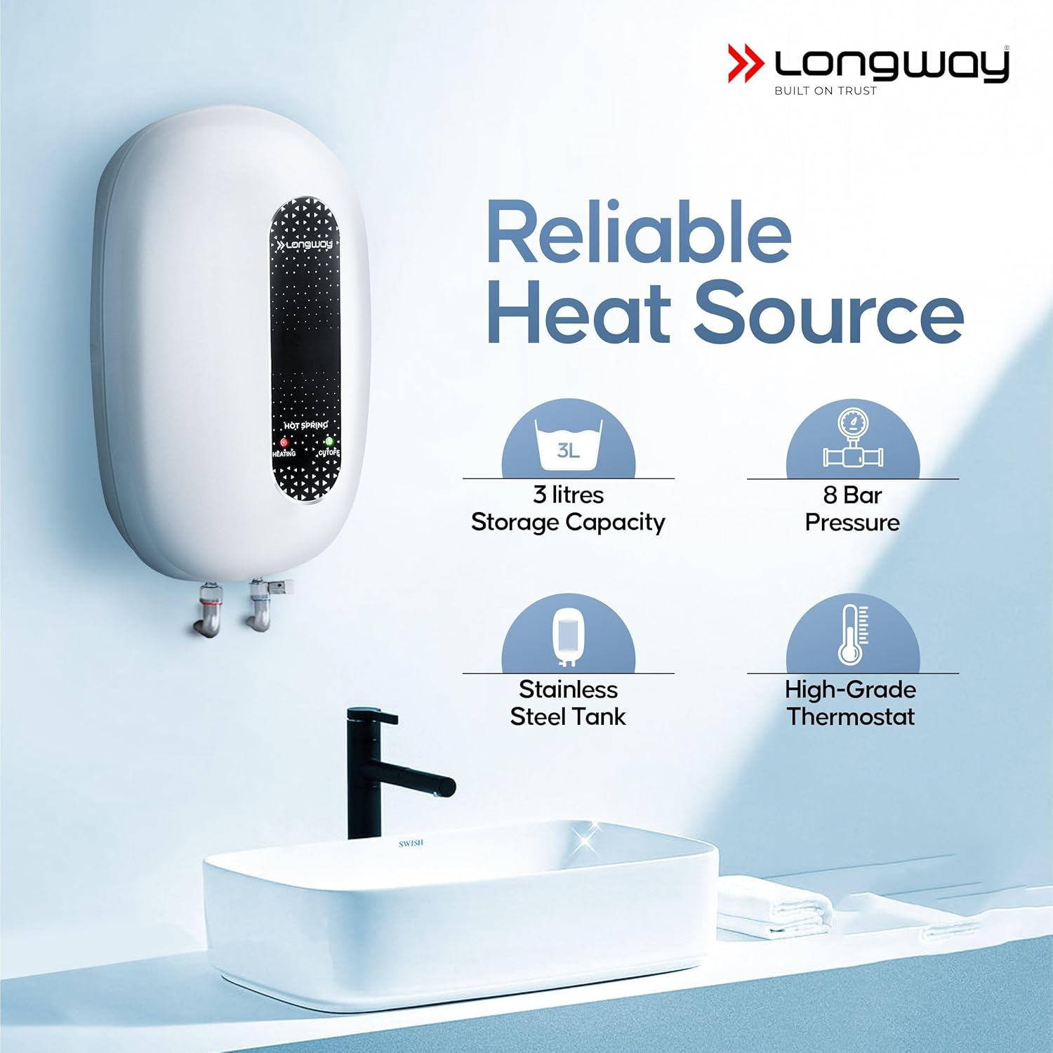 Longway Hotspring Automatic Instant Water Heater with Multiple Safety System & Rust-Proof ABS Body (White, 3 Ltr)