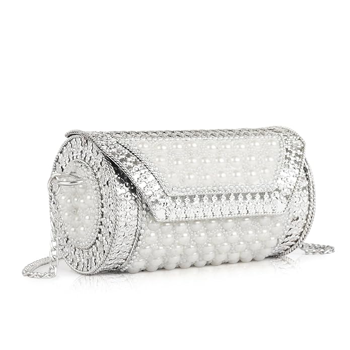 Buddy Cares Metal Bag for Women, Silver Pearl Embellished Clutch Purse with Chain Strap – Cylindrical – Buddy Cares