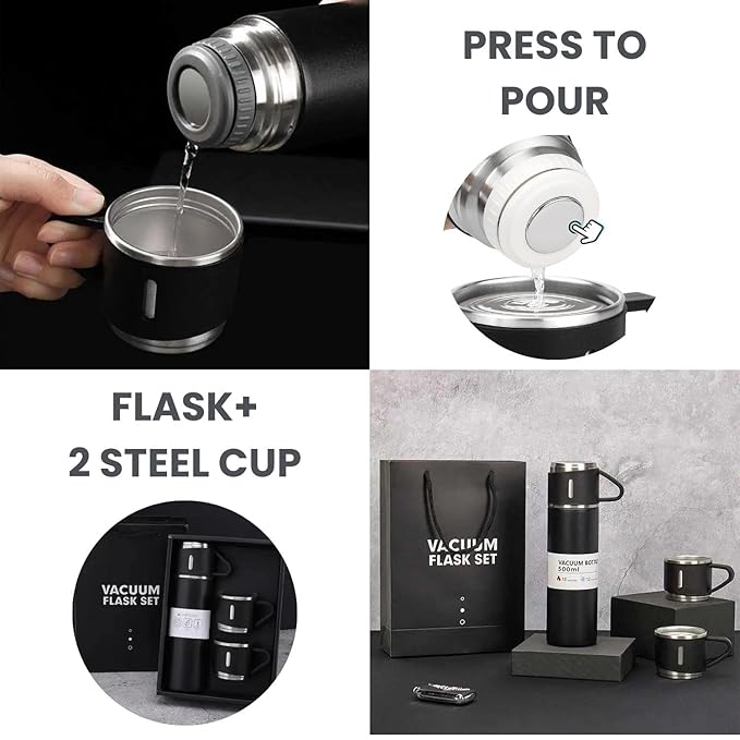 Insulated Double Wall Stainless Steel Tea & Coffee Flask With 3 Cups, Hot & Cold Thermal Bottle (BLACK Color)