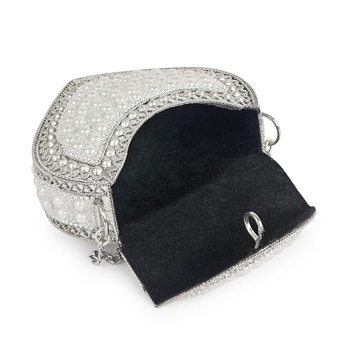 Buddy Cares Metal Bag for Women, Silver Pearl Embellished Clutch Purse with Chain Strap – Heart – view 4 – Buddy Cares