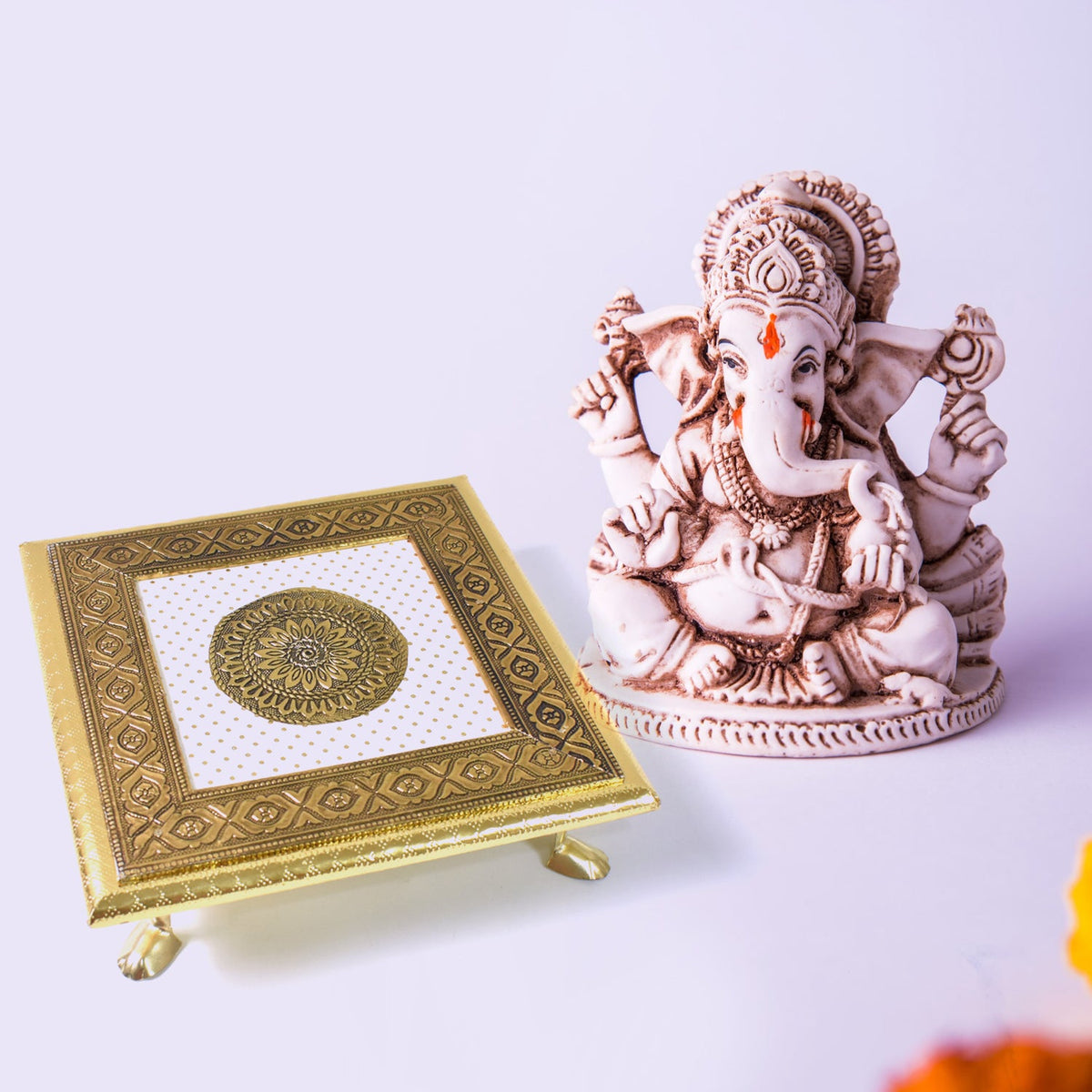 Golden - Square Pooja Chowki Patla  Bajot (20x20 Cm  1 Pc) HP DD