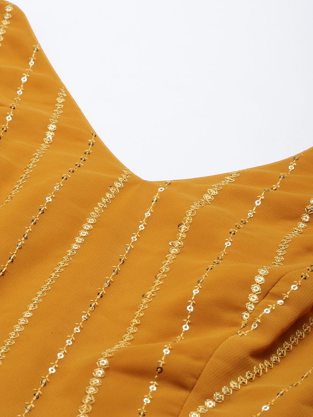 Bollywood Vogue Ready To Wear Mustard Embroidered N Turquoise Green Gown