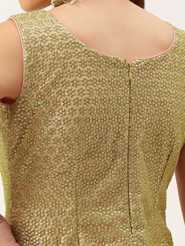 Bollywood Vogue Ready To Wear Beige Net Beads Embroidery Skirt and Top