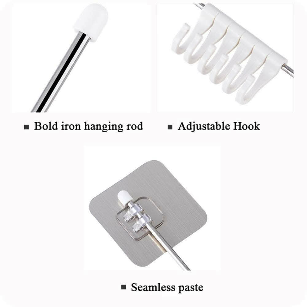 Self Adhesive Stainless Steel Rod with 6 Hooks Hanging Rack Holder - HalfPe