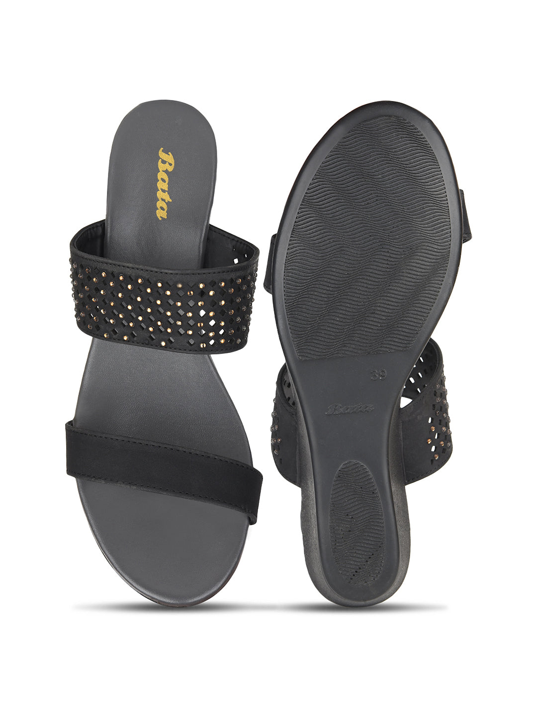 Bata Women's Black Wedge Heel Mule Sandals - Black