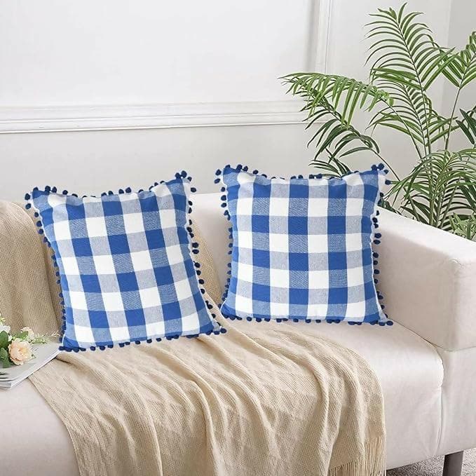 Lushomes Square Cushion Cover with Pom Pom, Cotton Sofa Pillow Cover Set of 2, 16x16 Inch, Big Checks, (40x40 Cms - Multicolour) - HalfPe