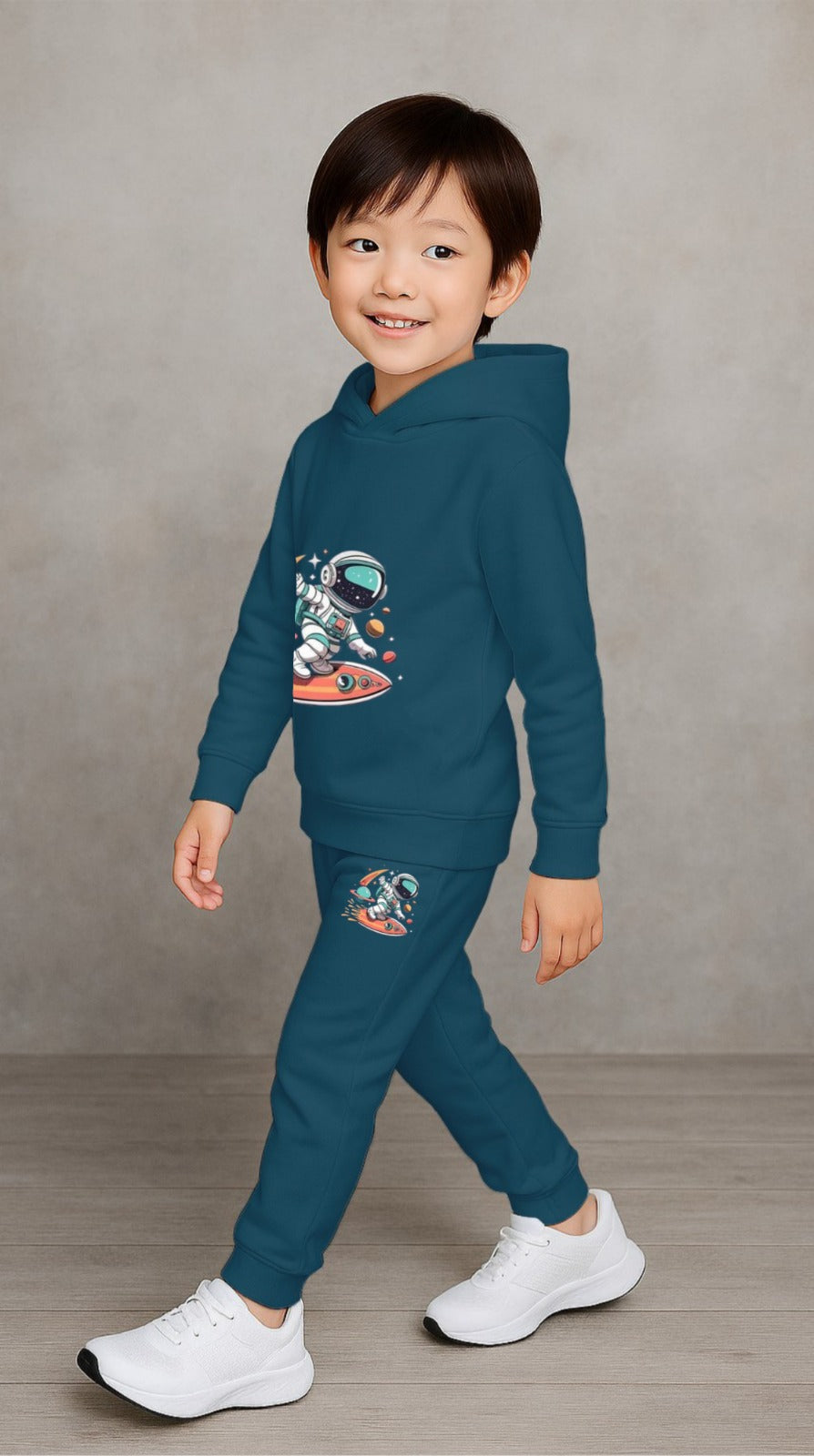 Stylish Kids Cotton Blend Sweatshirt & Track Pant Set with Hood – Blue Printed Casual Wear Luck Fashion