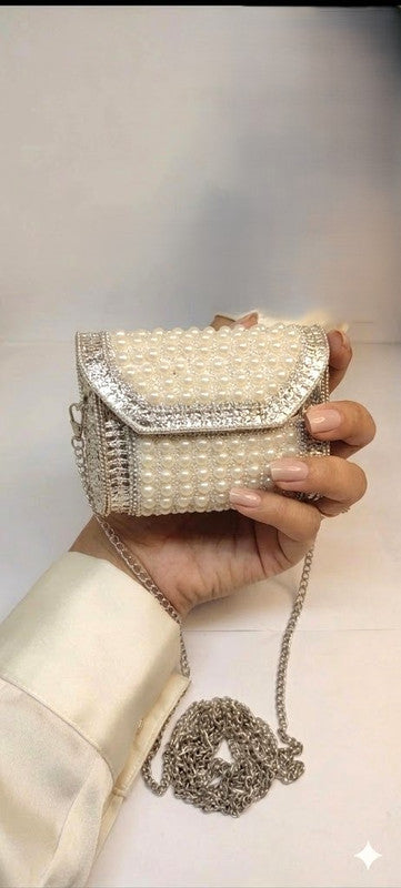Buddy Cares Metal Bag for Women, Silver Pearl Embellished Clutch Purse with Chain Strap – Capsule – view 5 – Buddy Cares