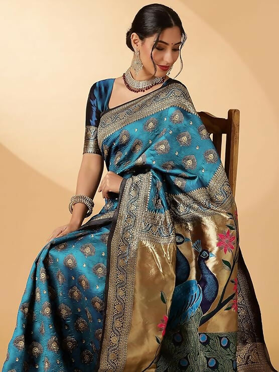 AXONIT Jacquard Silk Saree – Golden Zari Peacock Design, Festive Wear
