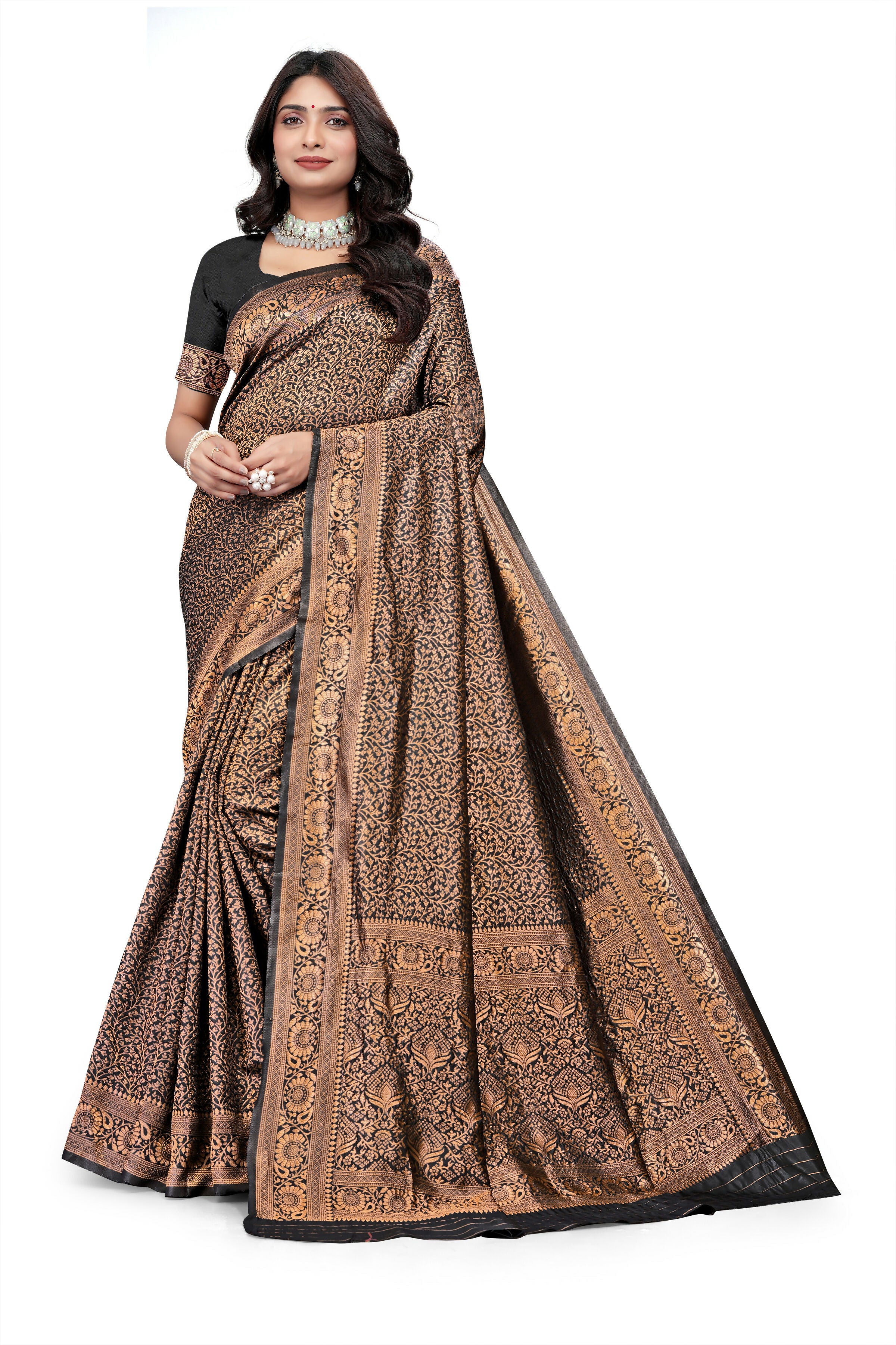 AXONIT Regal Black Banarasi Silk Saree with Floral Antique Zari Weave