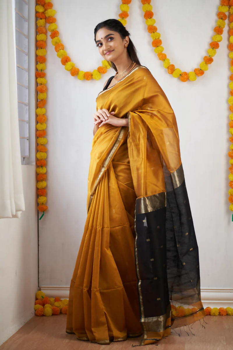 AXONIT Premium Golden Cotton Saree with Lightweight Fabric, Elegant Zari Border, and Traditional Finish