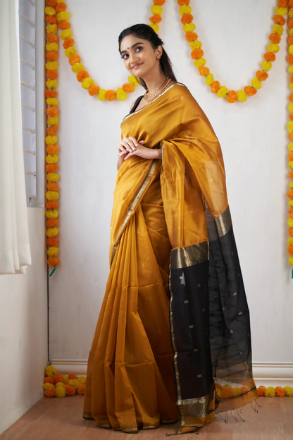 AXONIT Premium Golden Cotton Saree with Lightweight Fabric, Elegant Zari Border, and Traditional Finish