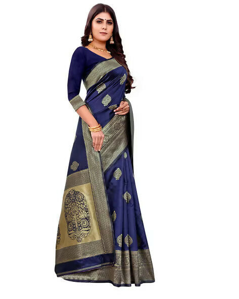 AXONIT Jacquard Silk Saree with Heavy Golden Zari Butta & Antique Gold Border