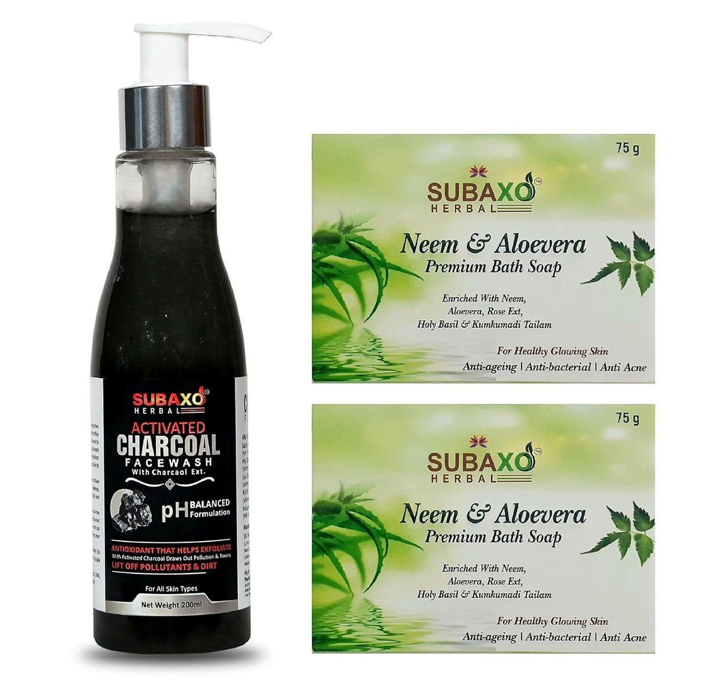 Subaxo Herbal Neem & Aloevera Bath Soap (75 gm Each, Pack Of 2) & Activated Charcoal Herbal Anti Pollution Deep Cleansing Face Wash (100ml,Combo) - HalfPe