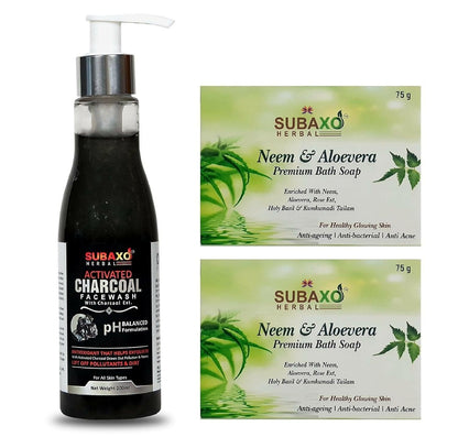 Subaxo Herbal Neem & Aloevera Bath Soap (75 gm Each, Pack Of 2) & Activated Charcoal Herbal Anti Pollution Deep Cleansing Face Wash (100ml,Combo) - HalfPe