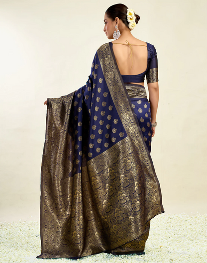 Royal Emerald Jacquard Saree with Golden Zari Work & Heavy Brocade Border