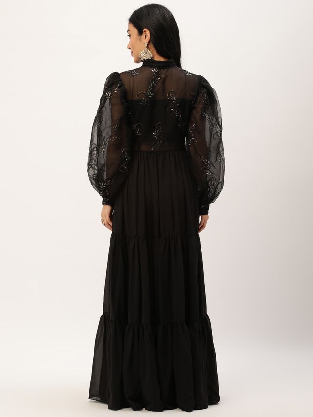 Bollywood Vogue Ready To Wear Black Embroidered Organza Tiered Style Gown