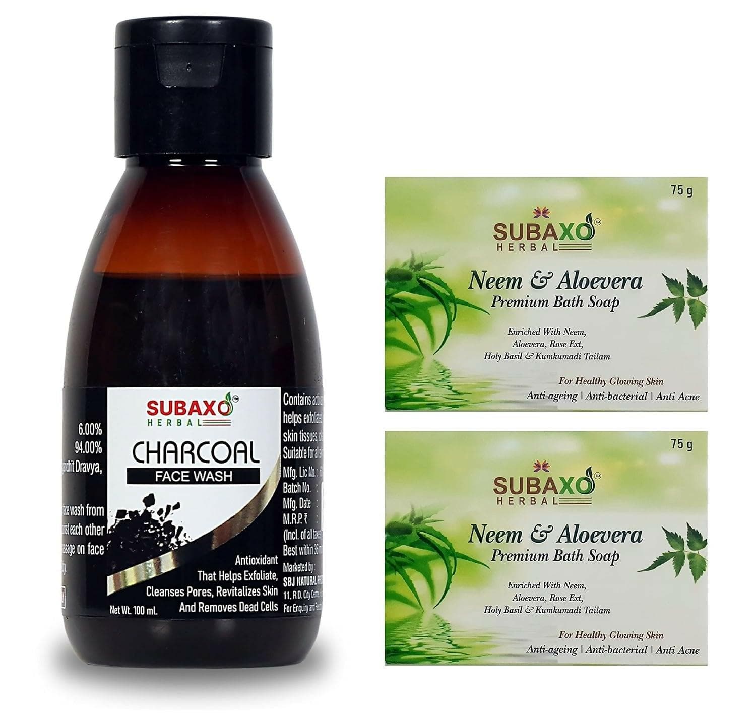 Subaxo Herbal Neem & Aloevera Ayurvedic Bath Soap(75 gm Each, Pack Of 2) & Charcoal Herbal Anti Pollution Deep Cleansing Face Wash (100ml,Combo) - HalfPe