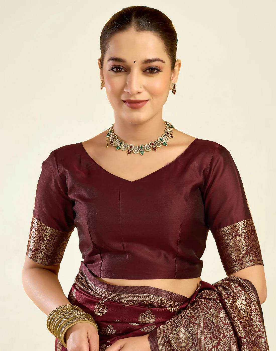 Royal Emerald Jacquard Saree with Golden Zari Work & Heavy Brocade Border