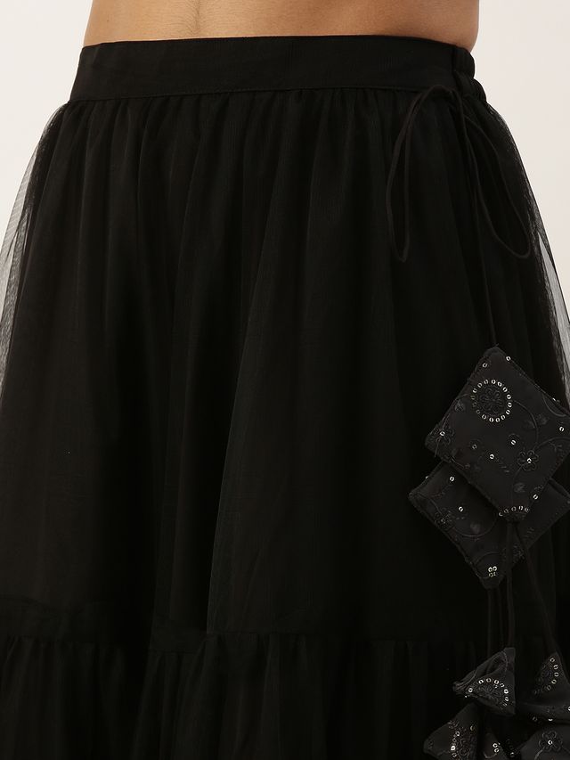 Bollywood Vogue Ready To Wear Dark Grey Georgette Sequins Embroidered N Black Net Lehenga