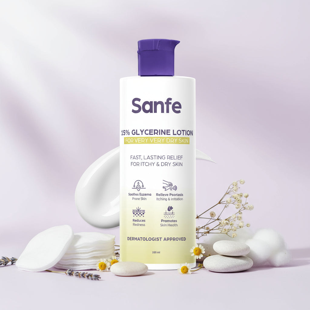 Sanfe 15% Glycerine Lotion For very very dry skin Soothes Eczema, Relieve Irritation & Itching, Reduces Redness Rapid Relief Formula - 100ml