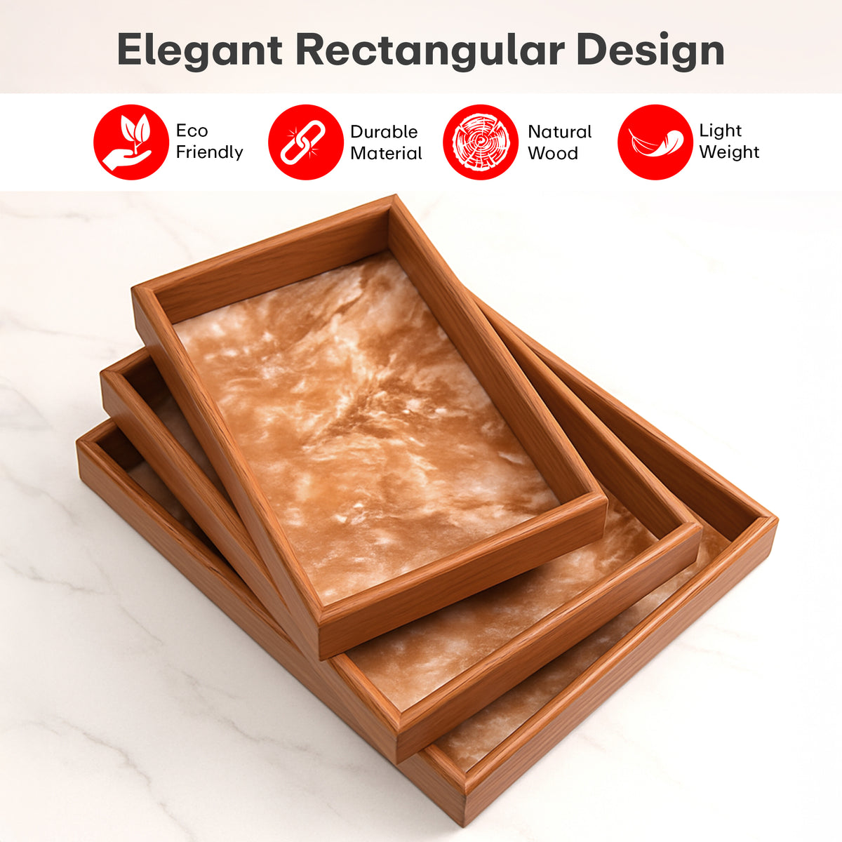 Rioware Wooden Serving Tray Set of 3 | Bamboo Tea & Coffee Serving Trays | Decorative Resin Kitchen & Dining Tray Set | Snack, Breakfast & Home Décor | Terramarble New