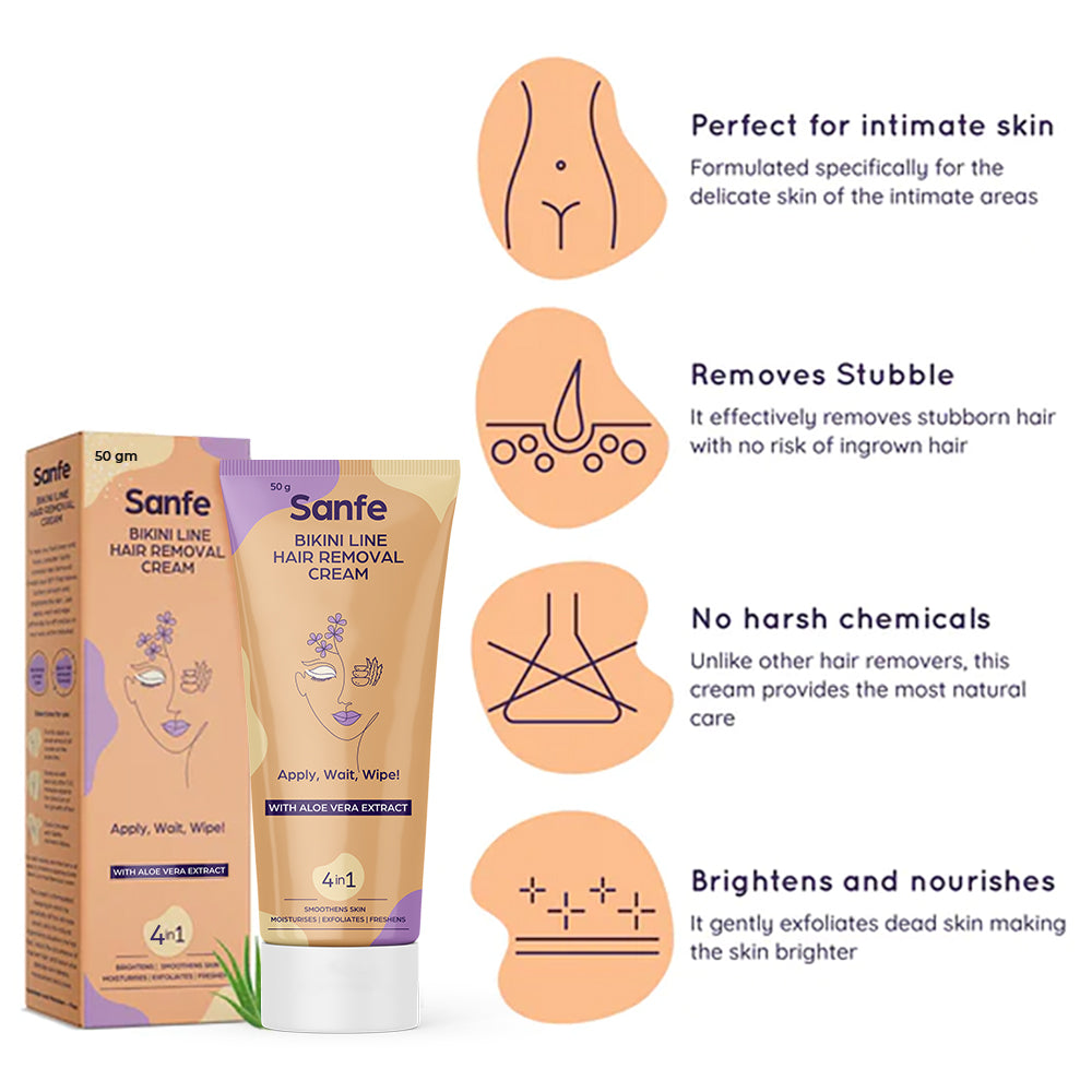 Sanfe Bikini Line Hair Removal Cream 50g - Natural and Safe for sensitive skin - Lavender, Aloe Vera, Shea Butter Cream Cream