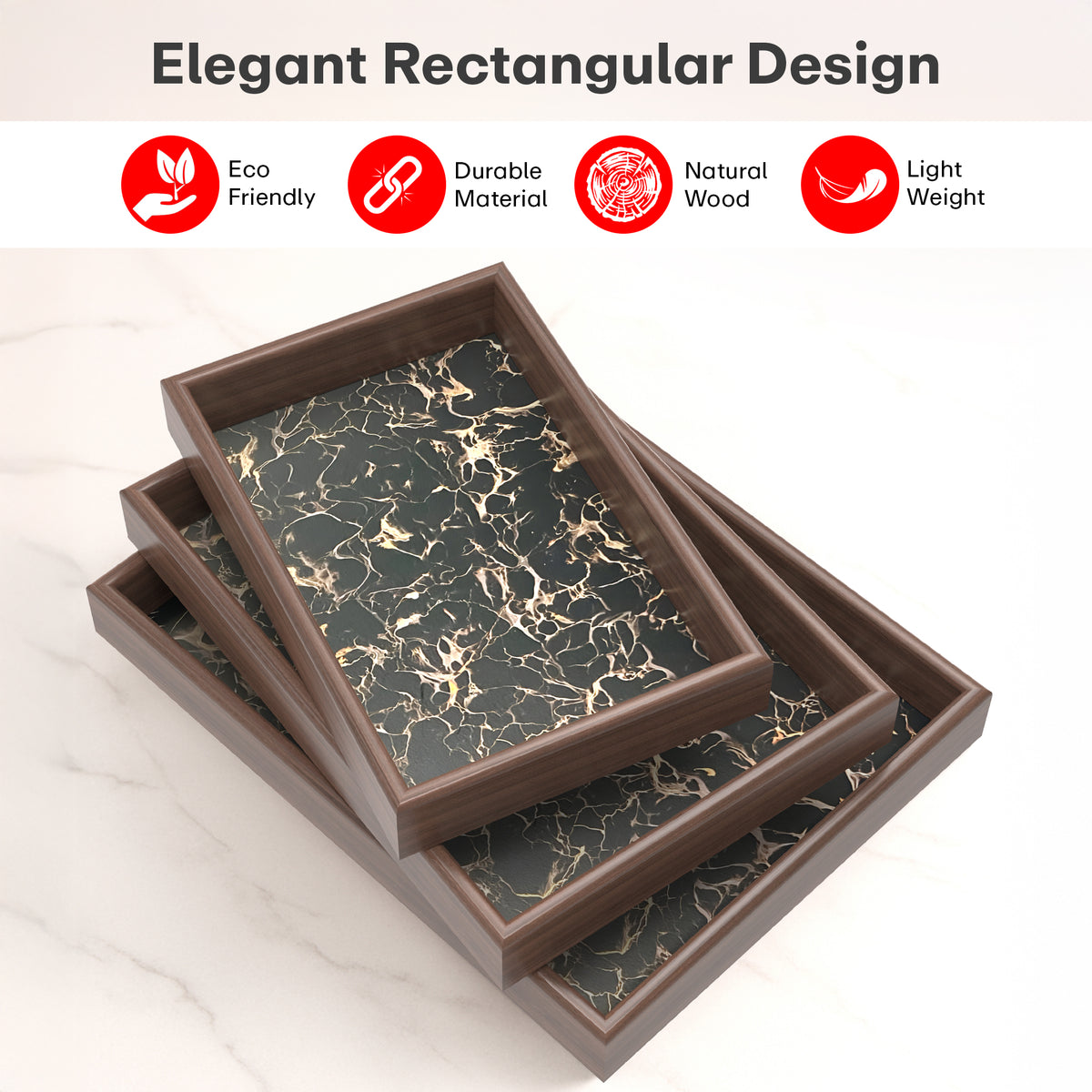 Rioware Wooden Serving Tray Set of 3 | Bamboo Tea & Coffee Serving Trays | Decorative Resin Kitchen & Dining Tray Set | Snack, Breakfast & Home Décor | Midnight Ember
